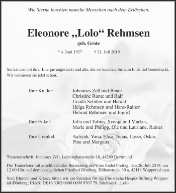 Traueranzeige von Eleonore Rehmsen von Die Glocke