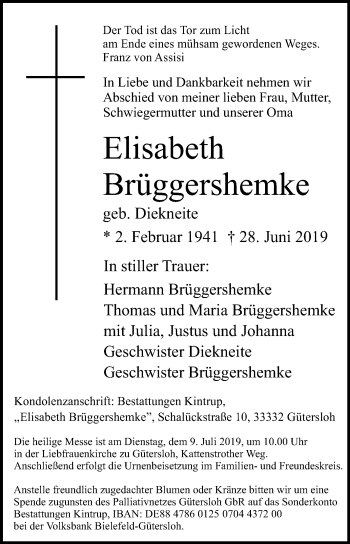 Traueranzeige von Elisabeth Brüggershemke von Die Glocke