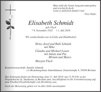 Traueranzeige von Elisabeth Schmidt von Die Glocke