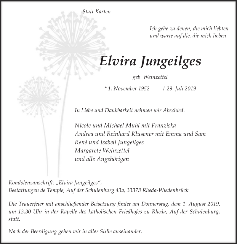  Traueranzeige für Elvira Jungeilges vom 31.07.2019 aus Die Glocke