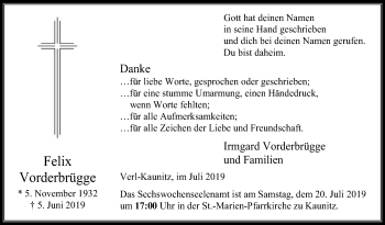 Traueranzeige von Felix Vorderbrügge von Die Glocke