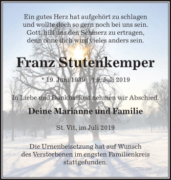 Traueranzeige von Franz Stutenkemper von Die Glocke