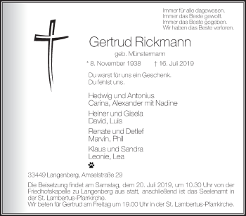 Traueranzeige von Gertrud Rickmann von Die Glocke