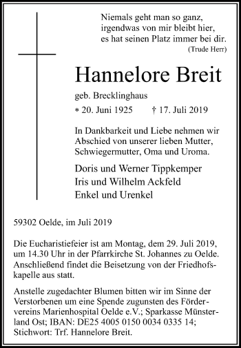 Traueranzeige von Hannelore Breit von Die Glocke