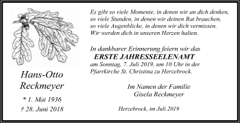 Traueranzeige von Hans-Otto Reckmeyer von Die Glocke