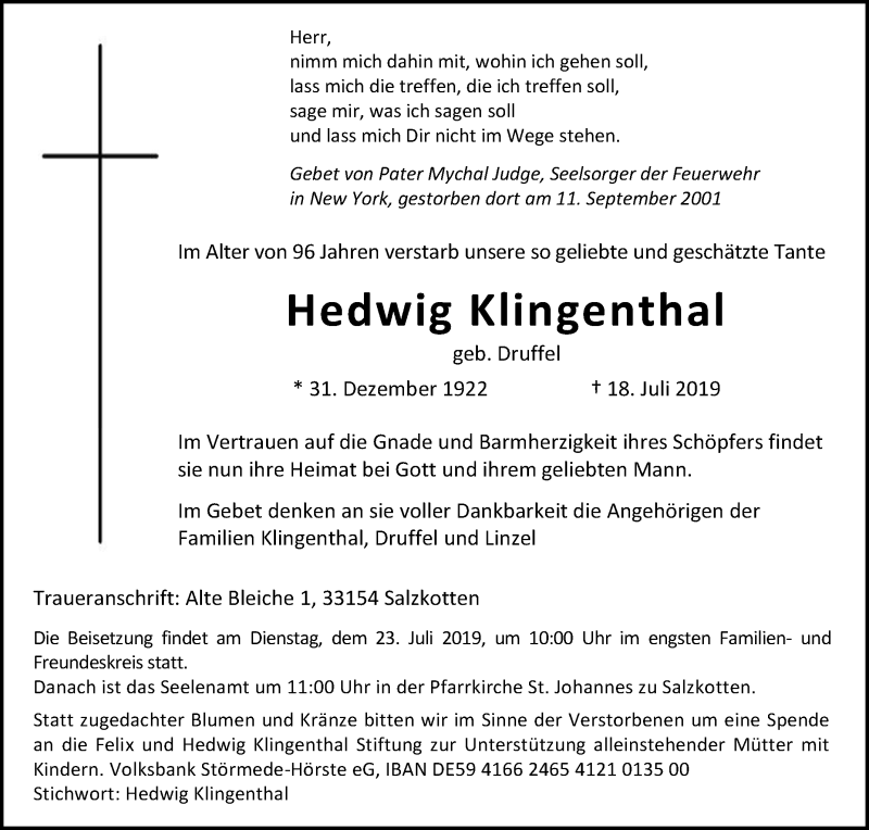  Traueranzeige für Hedwig Klingenthal vom 20.07.2019 aus Die Glocke