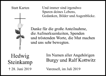 Traueranzeige von Hedwig Steinkamp von Die Glocke