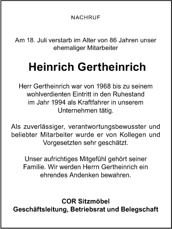 Traueranzeige von Heinrich Gertheinrich von Die Glocke