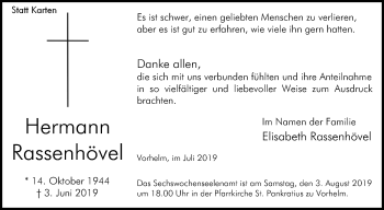 Traueranzeige von Hermann Rassenhövel von Die Glocke