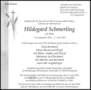 Traueranzeige von Hildegard Schmerling von Die Glocke