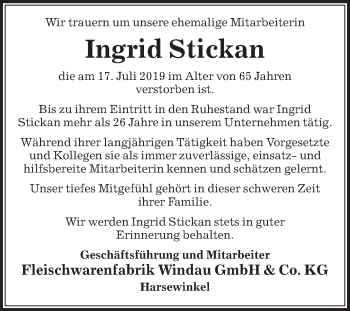 Traueranzeige von Ingrid Stickan von Die Glocke