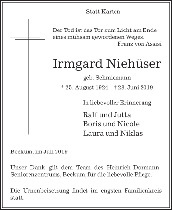 Traueranzeige von Irmgard Niehüser von Die Glocke