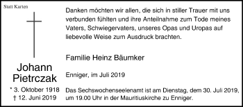 Traueranzeige von Johann Pietrczak von Die Glocke