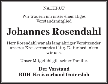 Traueranzeige von Johannes Rosendahl von Die Glocke