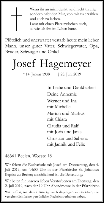 Traueranzeige von Josef Hagemeyer von Die Glocke
