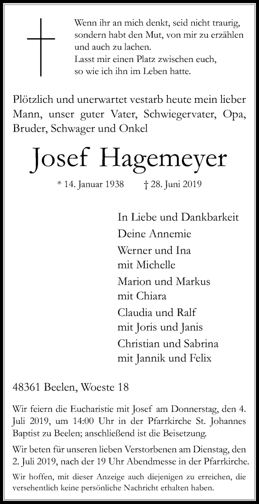  Traueranzeige für Josef Hagemeyer vom 02.07.2019 aus Die Glocke