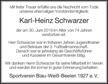 Traueranzeige von Karl-Heinz Schwarzer von Die Glocke