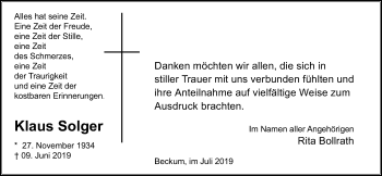 Traueranzeige von Klaus Solger von Die Glocke