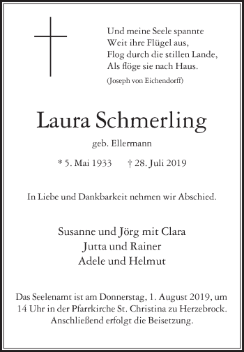 Traueranzeige von Laura Schmerling von Die Glocke