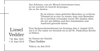 Traueranzeige von Liesel Vedder von Die Glocke