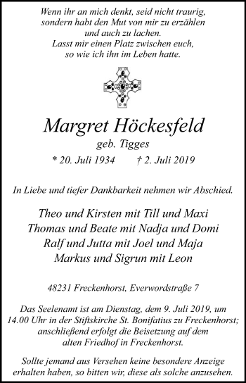 Traueranzeige von Margret Höckesfeld von Die Glocke