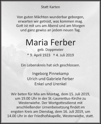 Traueranzeige von Maria Ferber von Die Glocke