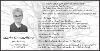 Traueranzeige von Maria Hammelbeck von Die Glocke