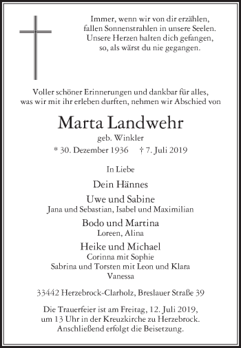 Traueranzeige von Marta Landwehr von Die Glocke