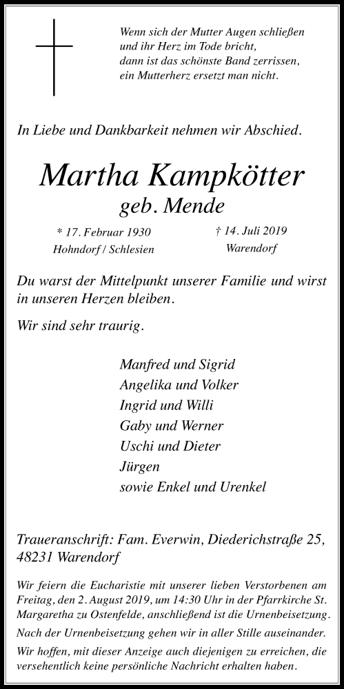  Traueranzeige für Martha Kampkötter vom 18.07.2019 aus Die Glocke