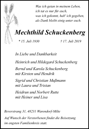 Traueranzeige von Mechthild Schuckenberg von Die Glocke