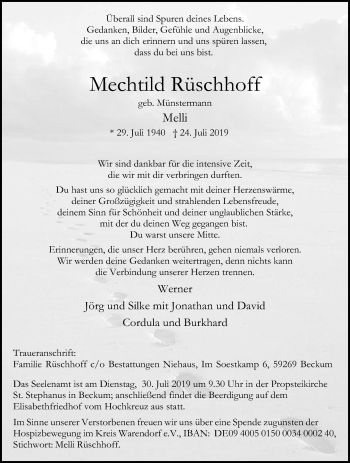 Traueranzeige von Mechtild Rüschhoff von Die Glocke
