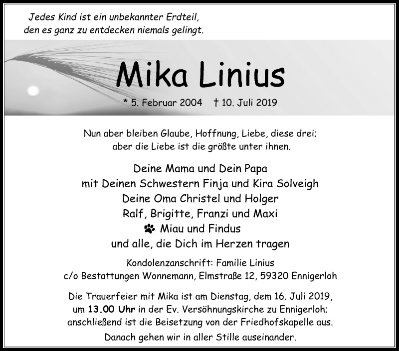  Traueranzeige für Mika Linius vom 13.07.2019 aus Die Glocke
