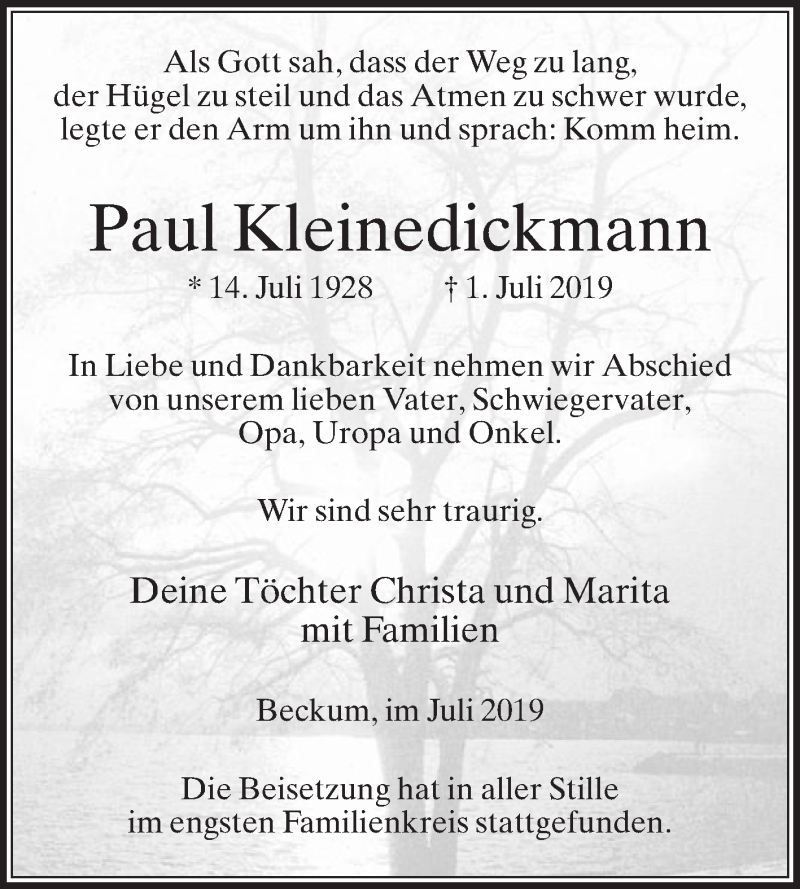  Traueranzeige für Paul Kleinedickmann vom 06.07.2019 aus Die Glocke