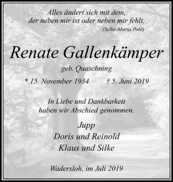 Traueranzeige von Renate Gallenkämpe von Die Glocke