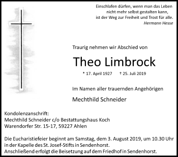 Traueranzeige von Theo Limbrock von Die Glocke