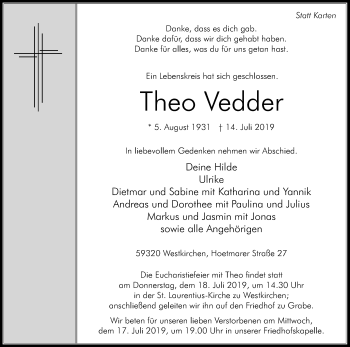 Traueranzeige von Theo Vedder von Die Glocke