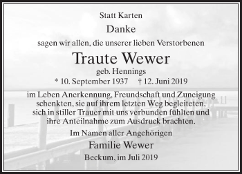 Traueranzeige von Traute Wewer von Die Glocke