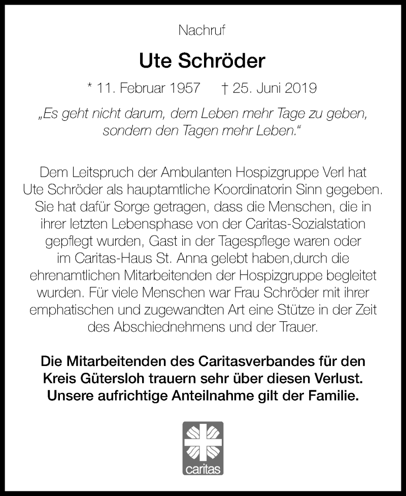  Traueranzeige für Ute Schröder vom 02.07.2019 aus Die Glocke