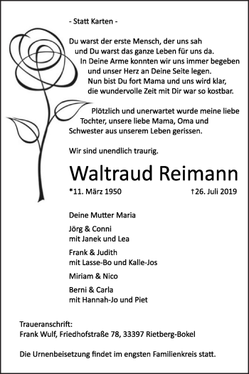 Traueranzeige von Waltraud Reimann von Die Glocke