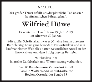 Traueranzeige von Wilfried Hüwe von Die Glocke