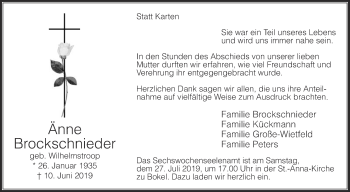 Traueranzeige von Änne Brockschnieder von Die Glocke