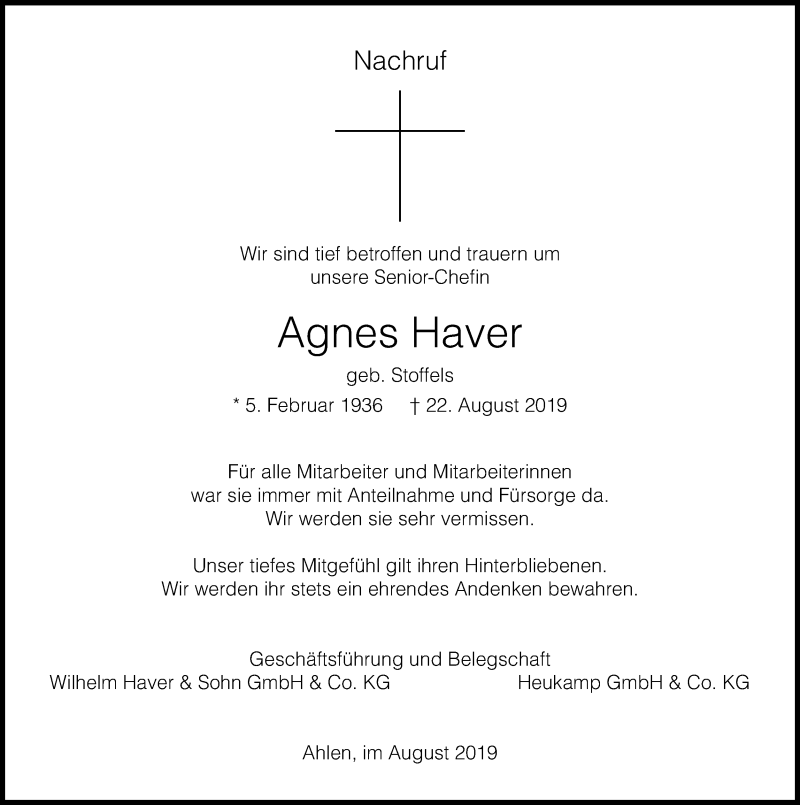  Traueranzeige für Agnes Haver vom 28.08.2019 aus Die Glocke