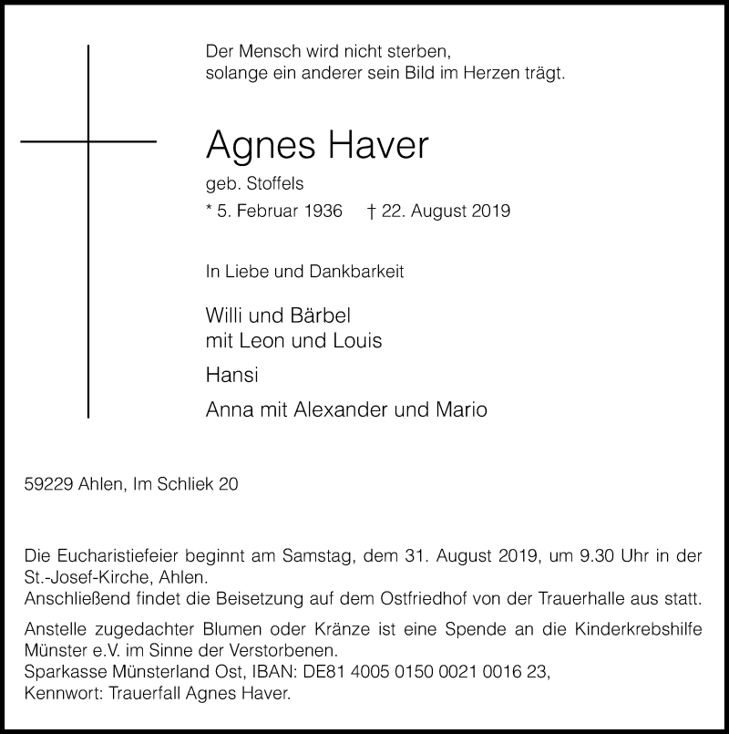  Traueranzeige für Agnes Haver vom 28.08.2019 aus Die Glocke