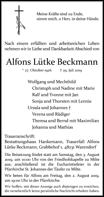 Traueranzeige von Alfons Lütke Beckmann von Die Glocke