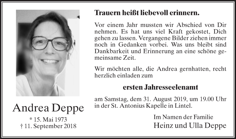  Traueranzeige für Andrea Deppe vom 28.08.2019 aus Die Glocke