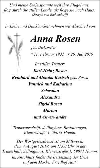 Traueranzeige von Anna Rosen von Die Glocke