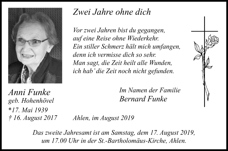  Traueranzeige für Anni Funke vom 12.08.2019 aus Die Glocke