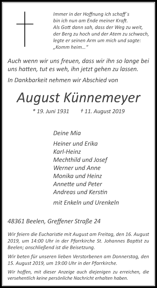  Traueranzeige für August Künnemeyer vom 14.08.2019 aus Die Glocke