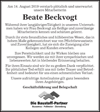 Traueranzeige von Beate Beckvogt von Die Glocke