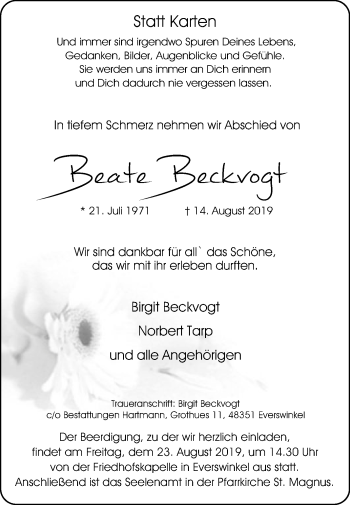 Traueranzeige von Beate Beckvogt von Die Glocke